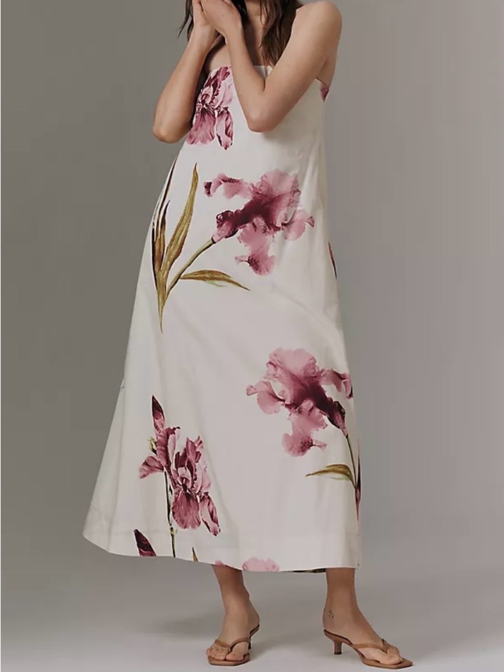 Anthropologie Strapless Trapeze Floral Midi Dress in Cream and Blush